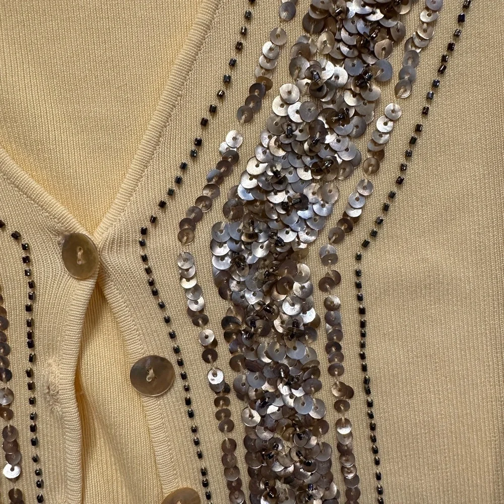 LOULOU Yellow Cardigan Sweater M Sequin Beaded Embellished Button Front